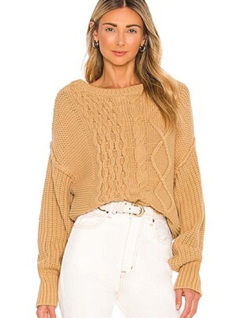 Free People Dream Cable Knit Crew Sweater - Camel